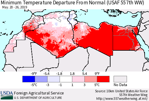 North Africa Mean Minimum Temperature Departure from Normal (USAF 557th WW) Thematic Map For 5/20/2019 - 5/26/2019