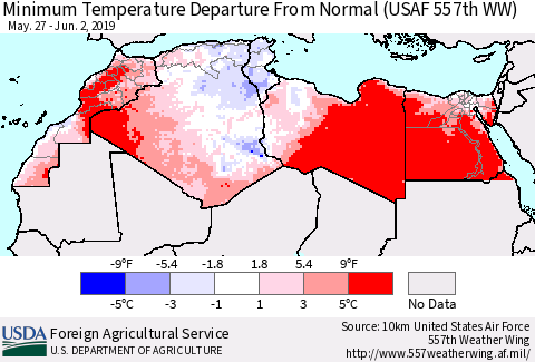 North Africa Mean Minimum Temperature Departure from Normal (USAF 557th WW) Thematic Map For 5/27/2019 - 6/2/2019