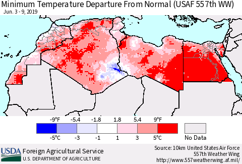 North Africa Mean Minimum Temperature Departure from Normal (USAF 557th WW) Thematic Map For 6/3/2019 - 6/9/2019