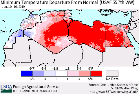 North Africa Mean Minimum Temperature Departure from Normal (USAF 557th WW) Thematic Map For 6/10/2019 - 6/16/2019