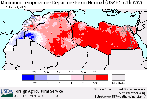 North Africa Mean Minimum Temperature Departure from Normal (USAF 557th WW) Thematic Map For 6/17/2019 - 6/23/2019