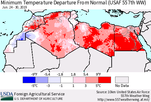 North Africa Mean Minimum Temperature Departure from Normal (USAF 557th WW) Thematic Map For 6/24/2019 - 6/30/2019