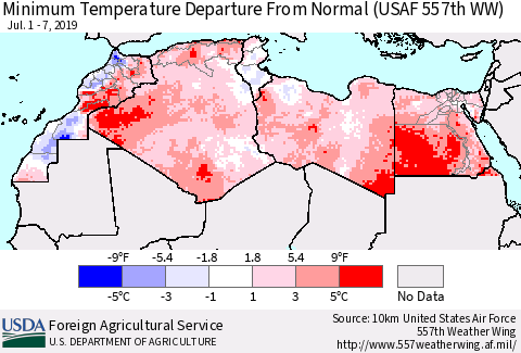 North Africa Mean Minimum Temperature Departure from Normal (USAF 557th WW) Thematic Map For 7/1/2019 - 7/7/2019