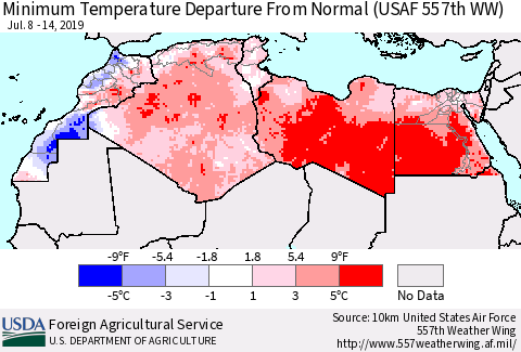 North Africa Mean Minimum Temperature Departure from Normal (USAF 557th WW) Thematic Map For 7/8/2019 - 7/14/2019