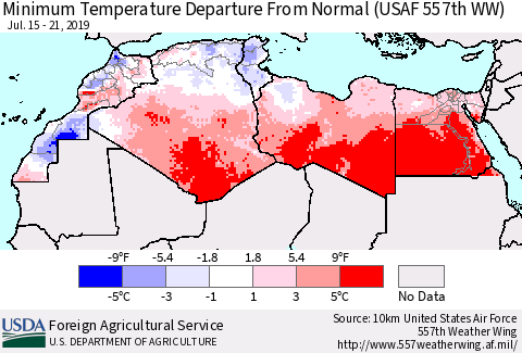 North Africa Mean Minimum Temperature Departure from Normal (USAF 557th WW) Thematic Map For 7/15/2019 - 7/21/2019