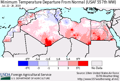 North Africa Mean Minimum Temperature Departure from Normal (USAF 557th WW) Thematic Map For 7/22/2019 - 7/28/2019