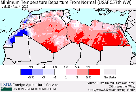 North Africa Mean Minimum Temperature Departure from Normal (USAF 557th WW) Thematic Map For 7/29/2019 - 8/4/2019