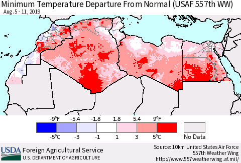 North Africa Mean Minimum Temperature Departure from Normal (USAF 557th WW) Thematic Map For 8/5/2019 - 8/11/2019