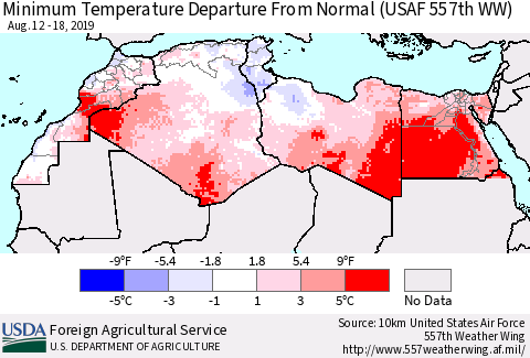 North Africa Mean Minimum Temperature Departure from Normal (USAF 557th WW) Thematic Map For 8/12/2019 - 8/18/2019