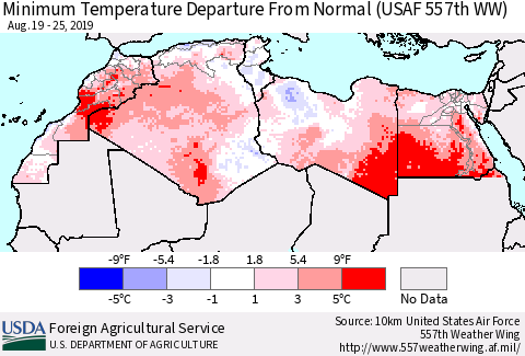 North Africa Mean Minimum Temperature Departure from Normal (USAF 557th WW) Thematic Map For 8/19/2019 - 8/25/2019