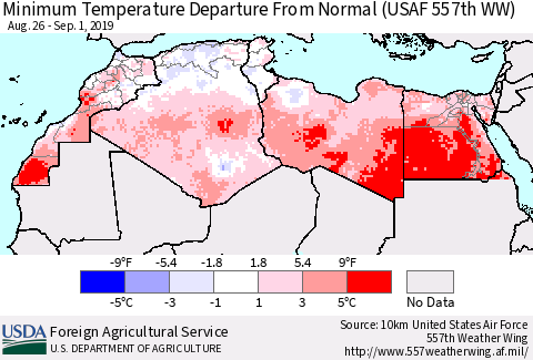 North Africa Mean Minimum Temperature Departure from Normal (USAF 557th WW) Thematic Map For 8/26/2019 - 9/1/2019