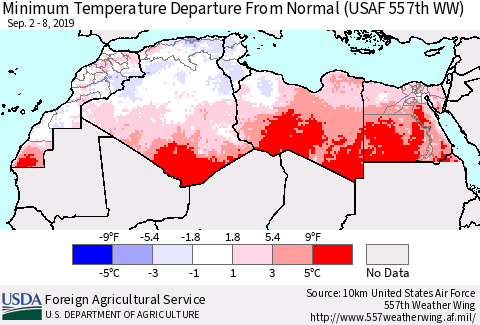 North Africa Mean Minimum Temperature Departure from Normal (USAF 557th WW) Thematic Map For 9/2/2019 - 9/8/2019