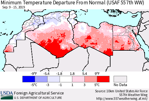 North Africa Mean Minimum Temperature Departure from Normal (USAF 557th WW) Thematic Map For 9/9/2019 - 9/15/2019