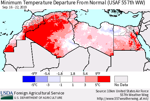 North Africa Mean Minimum Temperature Departure from Normal (USAF 557th WW) Thematic Map For 9/16/2019 - 9/22/2019