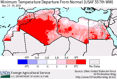 North Africa Mean Minimum Temperature Departure from Normal (USAF 557th WW) Thematic Map For 9/23/2019 - 9/29/2019