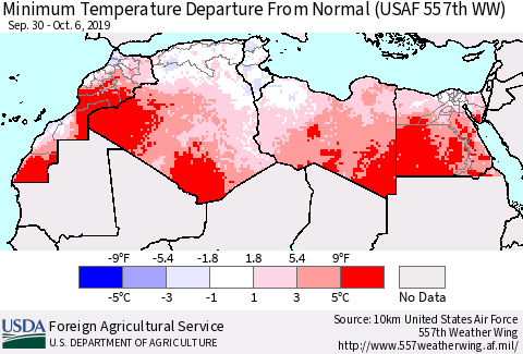 North Africa Mean Minimum Temperature Departure from Normal (USAF 557th WW) Thematic Map For 9/30/2019 - 10/6/2019