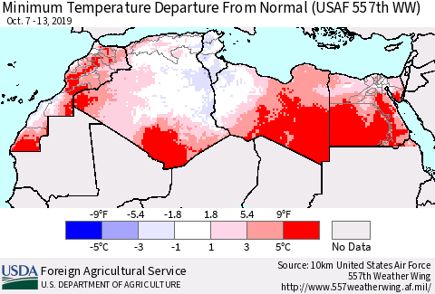 North Africa Mean Minimum Temperature Departure from Normal (USAF 557th WW) Thematic Map For 10/7/2019 - 10/13/2019