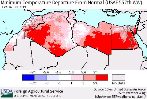 North Africa Mean Minimum Temperature Departure from Normal (USAF 557th WW) Thematic Map For 10/14/2019 - 10/20/2019