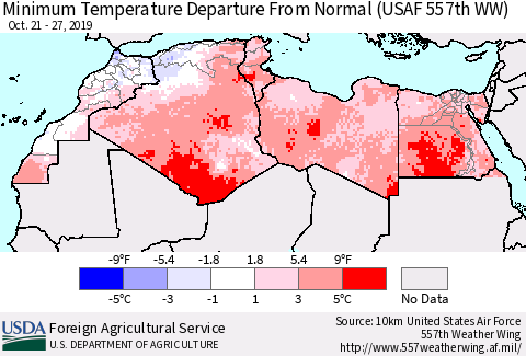 North Africa Mean Minimum Temperature Departure from Normal (USAF 557th WW) Thematic Map For 10/21/2019 - 10/27/2019