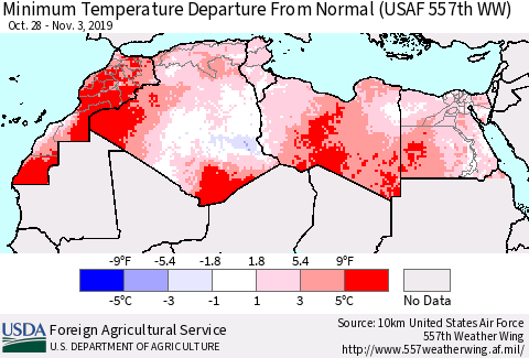North Africa Mean Minimum Temperature Departure from Normal (USAF 557th WW) Thematic Map For 10/28/2019 - 11/3/2019