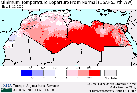 North Africa Mean Minimum Temperature Departure from Normal (USAF 557th WW) Thematic Map For 11/4/2019 - 11/10/2019