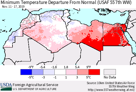 North Africa Mean Minimum Temperature Departure from Normal (USAF 557th WW) Thematic Map For 11/11/2019 - 11/17/2019