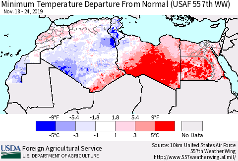North Africa Mean Minimum Temperature Departure from Normal (USAF 557th WW) Thematic Map For 11/18/2019 - 11/24/2019