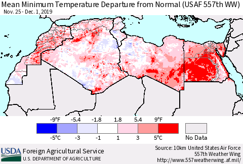 North Africa Mean Minimum Temperature Departure from Normal (USAF 557th WW) Thematic Map For 11/25/2019 - 12/1/2019