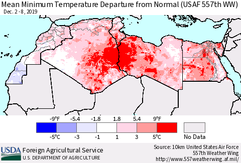 North Africa Mean Minimum Temperature Departure from Normal (USAF 557th WW) Thematic Map For 12/2/2019 - 12/8/2019