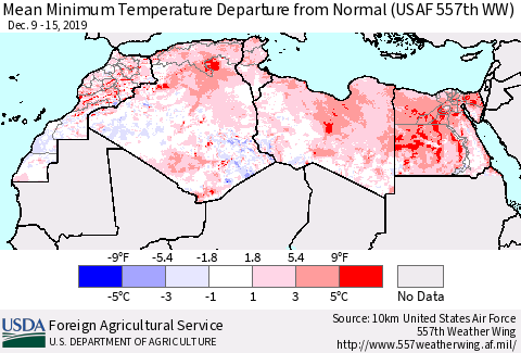 North Africa Mean Minimum Temperature Departure from Normal (USAF 557th WW) Thematic Map For 12/9/2019 - 12/15/2019