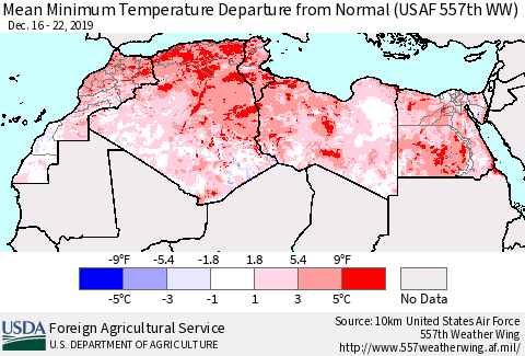 North Africa Mean Minimum Temperature Departure from Normal (USAF 557th WW) Thematic Map For 12/16/2019 - 12/22/2019