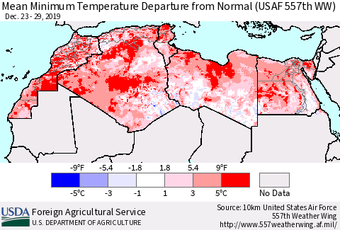 North Africa Mean Minimum Temperature Departure from Normal (USAF 557th WW) Thematic Map For 12/23/2019 - 12/29/2019