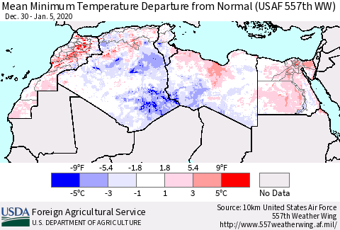 North Africa Mean Minimum Temperature Departure from Normal (USAF 557th WW) Thematic Map For 12/30/2019 - 1/5/2020