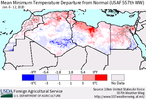 North Africa Mean Minimum Temperature Departure from Normal (USAF 557th WW) Thematic Map For 1/6/2020 - 1/12/2020
