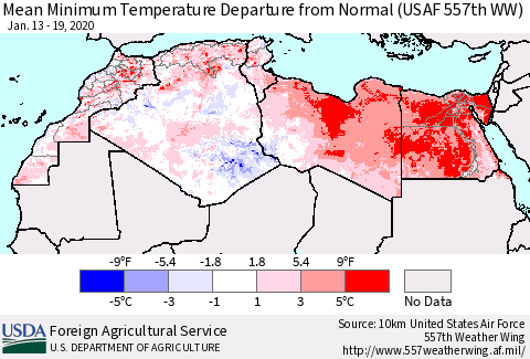 North Africa Mean Minimum Temperature Departure from Normal (USAF 557th WW) Thematic Map For 1/13/2020 - 1/19/2020