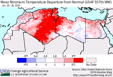 North Africa Mean Minimum Temperature Departure from Normal (USAF 557th WW) Thematic Map For 1/20/2020 - 1/26/2020