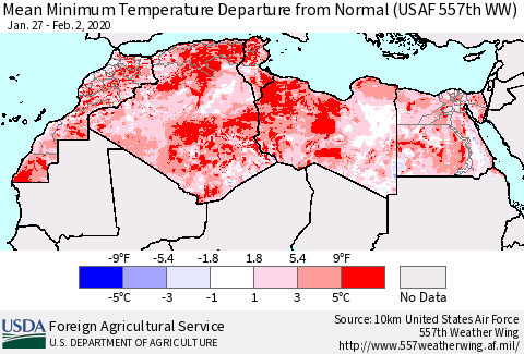 North Africa Mean Minimum Temperature Departure from Normal (USAF 557th WW) Thematic Map For 1/27/2020 - 2/2/2020