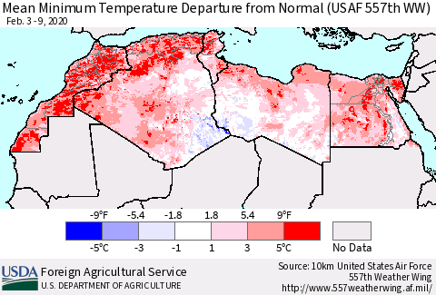 North Africa Mean Minimum Temperature Departure from Normal (USAF 557th WW) Thematic Map For 2/3/2020 - 2/9/2020