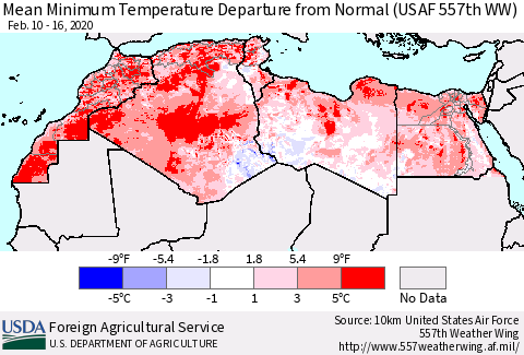North Africa Mean Minimum Temperature Departure from Normal (USAF 557th WW) Thematic Map For 2/10/2020 - 2/16/2020