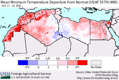 North Africa Mean Minimum Temperature Departure from Normal (USAF 557th WW) Thematic Map For 2/17/2020 - 2/23/2020