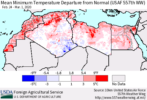 North Africa Mean Minimum Temperature Departure from Normal (USAF 557th WW) Thematic Map For 2/24/2020 - 3/1/2020