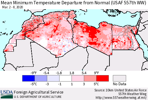 North Africa Mean Minimum Temperature Departure from Normal (USAF 557th WW) Thematic Map For 3/2/2020 - 3/8/2020
