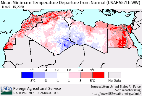North Africa Mean Minimum Temperature Departure from Normal (USAF 557th WW) Thematic Map For 3/9/2020 - 3/15/2020