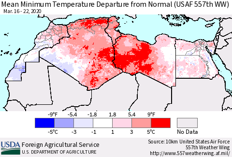 North Africa Mean Minimum Temperature Departure from Normal (USAF 557th WW) Thematic Map For 3/16/2020 - 3/22/2020