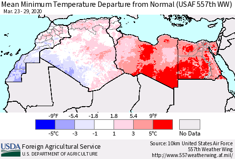 North Africa Mean Minimum Temperature Departure from Normal (USAF 557th WW) Thematic Map For 3/23/2020 - 3/29/2020