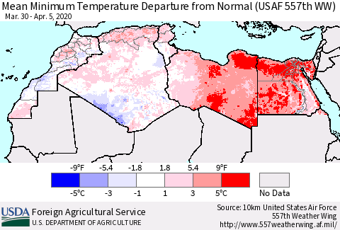 North Africa Mean Minimum Temperature Departure from Normal (USAF 557th WW) Thematic Map For 3/30/2020 - 4/5/2020