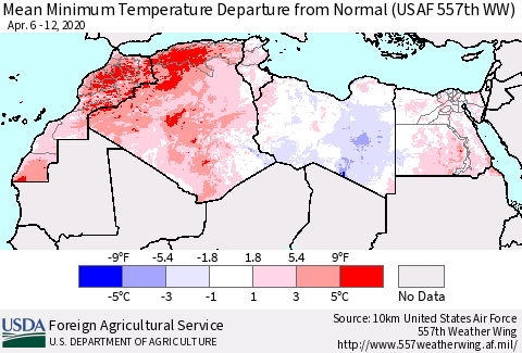North Africa Mean Minimum Temperature Departure from Normal (USAF 557th WW) Thematic Map For 4/6/2020 - 4/12/2020