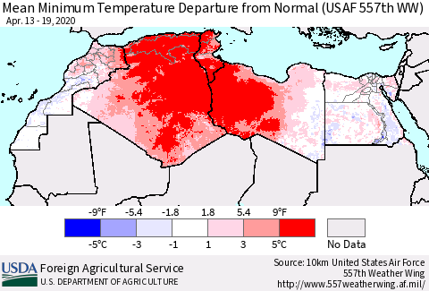 North Africa Mean Minimum Temperature Departure from Normal (USAF 557th WW) Thematic Map For 4/13/2020 - 4/19/2020