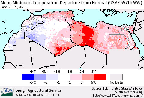 North Africa Mean Minimum Temperature Departure from Normal (USAF 557th WW) Thematic Map For 4/20/2020 - 4/26/2020