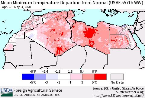 North Africa Mean Minimum Temperature Departure from Normal (USAF 557th WW) Thematic Map For 4/27/2020 - 5/3/2020